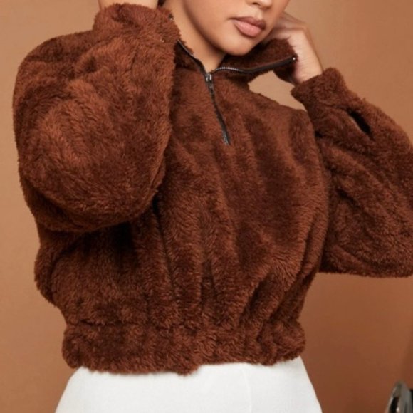 NWOT Brown Zip Half Placket Teddy Sweatshirt M - Picture 3 of 9